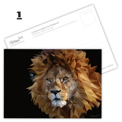 Carte postale artistique moderne d'un Lion en polygones, Animaux en Art Polygonal / lowpoly - design géométrique en triangles. Illustration par Aline Hernu - Studio AirNew Art