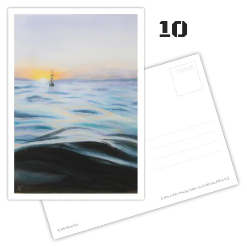 Carte postale artistique : paysage, coucher de soleil en mer. Reproduction d'une peinture originale à l'aquarelle - Illustration et Design par Aline Hernu - Studio AirNew Art