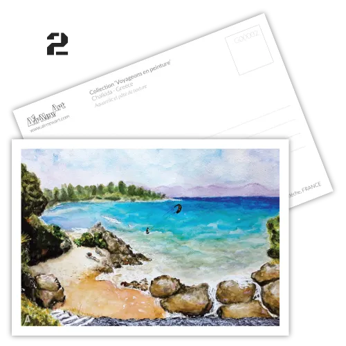 Carte postale artistique d'un paysage en bord de mer en Grèce à Chalkida, reproduction d'une peinture originale à l'aquarelle et pâte de texture - Illustration et design par Aline Hernu - Studio AirNew Art