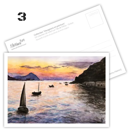 Carte postale artistique : paysage, coucher de soleil en mer, en Grèce sur l'île de Milos. Reproduction d'une peinture originale à l'aquarelle - Illustration et Design par Aline Hernu - Studio AirNew Art
