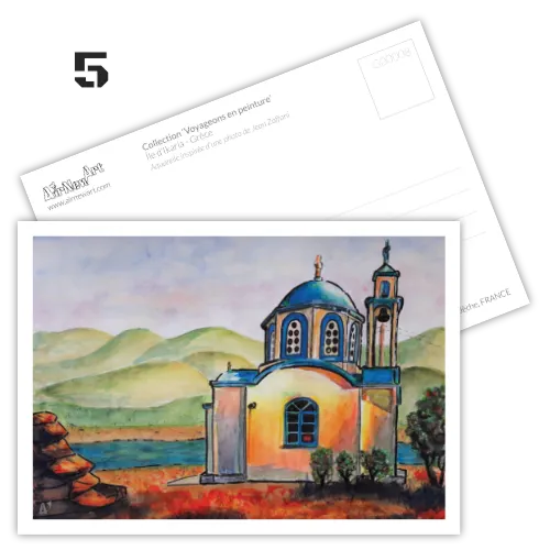 Carte postale artistique : paysage, église des Balcans en Grèce sur l'île d'Ikaria. Reproduction d'une peinture originale à l'aquarelle - Illustration et Design par Aline Hernu - Studio AirNew Art