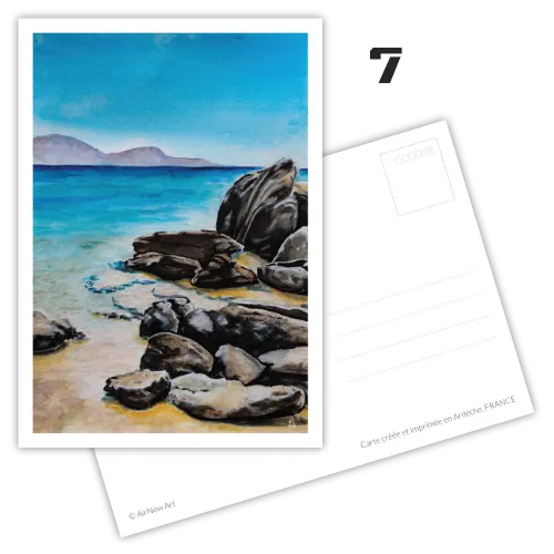 Carte postale artistique d'un paysage, en bord de mer, en Grèce sur l'île d'Ikaria. Reproduction d'une peinture originale à l'aquarelle - Illustration et Design par Aline Hernu - Studio AirNew Art