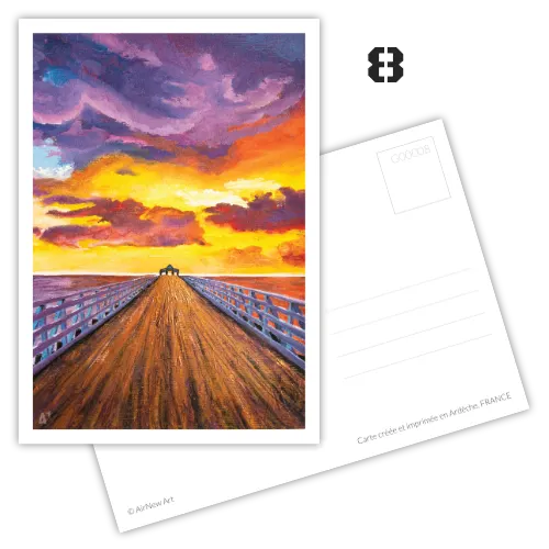 Carte postale artistique d'un paysage, coucher de soleil en bord de mer, en Australie à Brisbane. Reproduction d'une peinture originale à la gouache - Illustration et Design par Aline Hernu - Studio AirNew Art