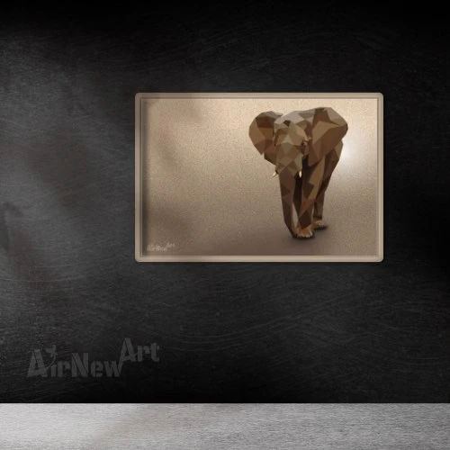Affiche / poster contemporain et moderne d'un Éléphant d'Afrique en polygones. Encadré et accroché sur un mur clair. Animaux en Art Polygonal / lowpoly - Illustration par Aline Hernu - Studio AirNew Art