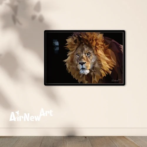 Affiche / poster contemporain et moderne d'un Lion en polygones, encadré et sur un mur clair - Animaux en Art Polygonal / lowpoly - Illustration par Aline Hernu - Studio AirNew Art