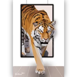 Affiche / poster contemporain et moderne d'un Tigre en polygones qui sort du cadre - Animaux en Art Polygonal / lowpoly - Illustration par Aline Hernu - Studio AirNew Art