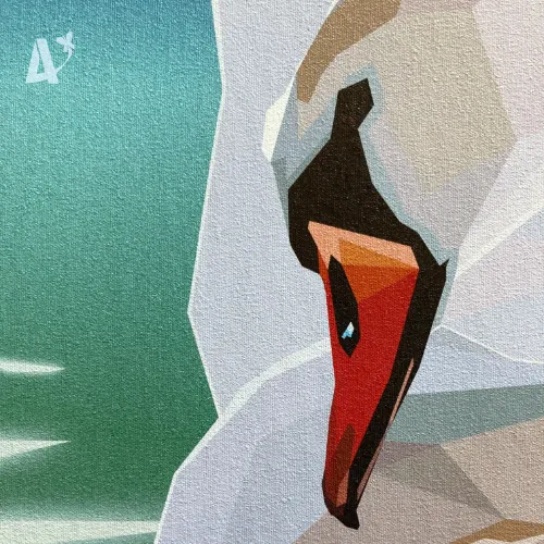 Toile contemporaine et moderne sur châssis, Cygnes en polygones, "Swans on Seaside". Zoom sur la texture de la toile. Imprimé en Ardèche, France. Animaux en Art Polygonal / lowpoly - Illustration par Aline Hernu - Studio AirNew Art