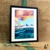 Aquarelle originale, contemporaine, moderne et revivifiante, encadrée. Paysage en mer sur l'île de Lady Elliot Island en Australie. Collection Voyeageons en Peinture, #travelwithairnewart - Peinture par Aline Hernu - Studio AirNew Art. Papier 21 x 28 cm (300g/m2) et passe partout en carton blanc dimensions 25 x 32 cm. Cadre en bois.