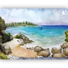 Aquarelle originale, contemporaine, moderne et reposante. Un moment de détente sur une jolie plage à Chalkida en Grèce. Collection Voyeageons en Peinture, #travelwithairnewart - Peinture par Aline Hernu - Studio AirNew Art. Papier 300g/m2 dimensions 28 x 21 cm