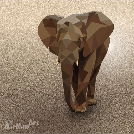 Œuvre digitale contemporaine représentant un éléphant en polygones qui avance tranquillement sur le sable, le soleil dans le dos. Animaux en Art Polygonal / lowpoly - Illustration par Aline Hernu - Studio AirNew Art - #airnewpolygonart