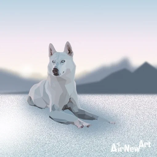 Blanc comme Neige : œuvre digitale contemporaine représentant un loup blanc en polygones qui est tranquillement assis dans la neige, dans un paysage doux, ambiance détente et relaxante. Animaux en Art Polygonal / lowpoly - Illustration par Aline Hernu - Studio AirNew Art - #airnewpolygonart