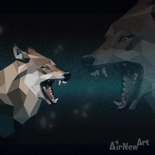 Hurlements de Loups : œuvre digitale contemporaine représentant 2 loups en polygones face à face, la gueule ouverte. Animaux en Art Polygonal / lowpoly - Illustration par Aline Hernu - Studio AirNew Art - #airnewpolygonart