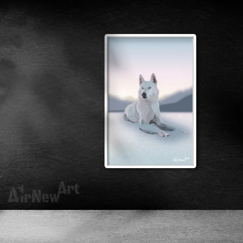 Affiche / poster contemporain et moderne d'un Loup blanc en polygones, encadré et sur un mur foncé - Animaux en Art Polygonal / lowpoly - Illustration par Aline Hernu - Studio AirNew Art