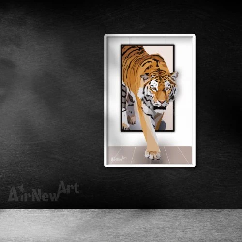 Affiche / poster contemporain et moderne d'un Tigre en polygones qui sort du cadre. Encadré et sur un mur foncé - Animaux en Art Polygonal / lowpoly - Illustration par Aline Hernu - Studio AirNew Art