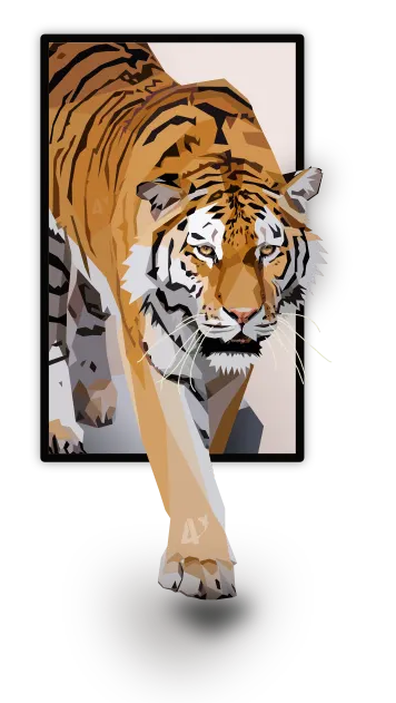 Rugir du cadre : œuvre digitale contemporaine représentant un tigre en polygones qui sort du cadre. Animaux en Art Polygonal / lowpoly - design géométrique en triangles. Illustration par Aline Hernu - Studio AirNew Art - #airnewpolygonart