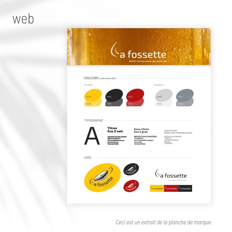 Brandboard digital de l'identité de marque de la bière La Fossette - bière locale fabriquée pour le restaurant Al'Fosse 7 à Avion, et brassée à Carvin par la Brasserie de Mai, dans les Hauts-de-France - Design par Aline Hernu - Studio AirNew Art
