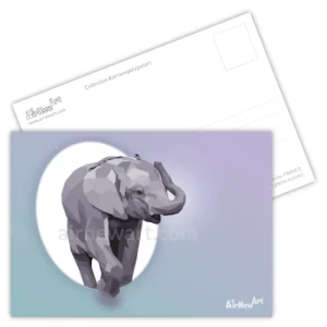 Carte postale d'un bébé éléphant qui sort d'une ellipse blanche et lumineuse. Fond bleu violet relaxant. Peinture géométrique en polygones, en dehors de l'ellipse. Animal sauvage de la collection Art Polygonal dans le style lowpoly, design géométrique. Idéal comme cadeau à petit prix et comme décoration d'intérieur en taille mini. Illustration par Aline Hernu, Studio AirNewArt. Impression en Ardèche sur carton certifié FSC, pour des forets durables, en cohérence avec la démarche éco responsables du Studio. Made in France