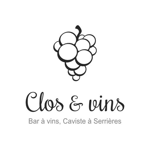 Logo sur fond blanc, noir et rose violet, identité de marque de Clos et vins, Bar à vins et caviste à Serrières - Design par Aline Hernu - Studio AirNewArt
