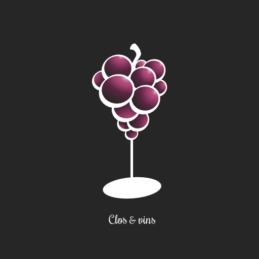 Icône de grappe de raisin transformée en verre à vin sur fond noir, conçue dans le cadre de la création de l'identité de marque de Clos et vins, Bar à vins et caviste à Serrières. Design par Aline Hernu - Studio AirNewArt