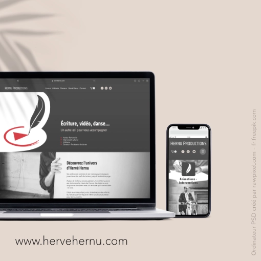 Travail sur le webdesign du site hervehernu.com suite à la création du logo et de l'identité visuelle pour Hervé Hernu (Intervenant culturel, romancier, vidéaste, danseur professionnel). Artiste situé dans les Hauts de France, à Arras (62). Design par Aline Hernu - Studio AirNewArt