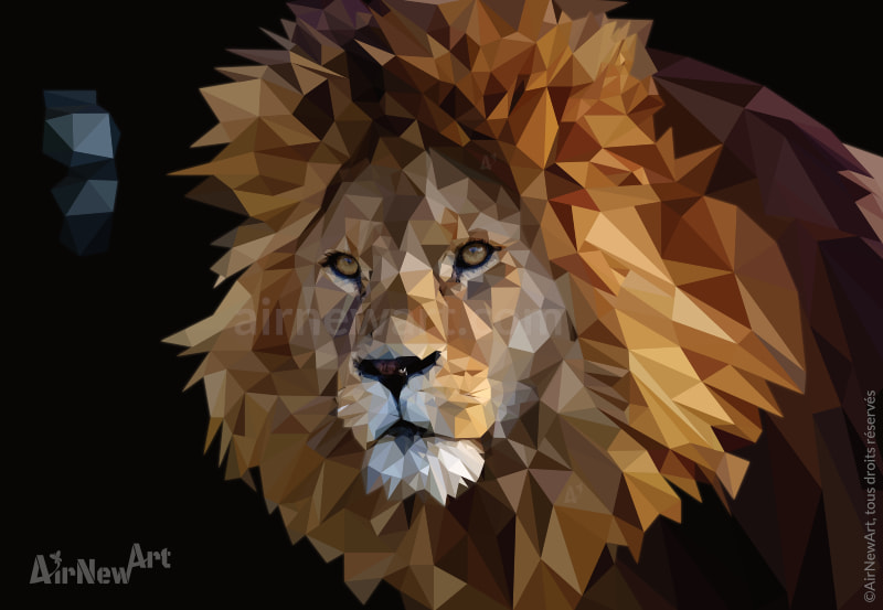 Comme une Envie de Rugir : œuvre digitale représentant un portrait de lion en polygones. Lion en Art Polygonal / lowpoly - tableau géométrique en triangles. Authentique, garanti sans intelligence artificielle. Illustration par Aline Hernu - Studio AirNew Art - #airnewpolygonart