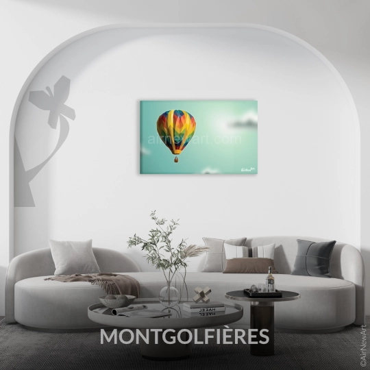 Montgolfière sur toile, dans un style géométrique, collection Art Polygonal signé AirNewArt, Aline Hernu (style low poly). De nombreuses œuvres dans ce style sont disponibles en impression à la demande : animaux, fleurs et plantes, sport, vigne, montgolfières. Made in Ardèche, made in France.