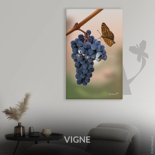 Grappe de raisin et papillon sur toile, dans un style géométrique, collection Art Polygonal signé AirNewArt, Aline Hernu (style low poly). De nombreuses œuvres dans ce style sont disponibles en impression à la demande : animaux, fleurs et plantes, sport, vigne, montgolfières. Made in Ardèche, made in France.