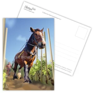 Carte postale, Cheval de trait, vignes, peinture