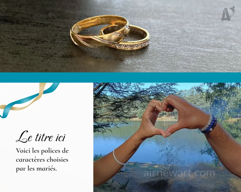 Étapes préparatoires de la conception d'un faire-part de mariage : shooting photo des alliances, shooting photo des mains en forme de cœur au Lac du Terney, choix des typographies.