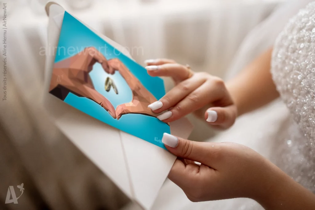 Faire-part de mariage personnalisé, composé d'un portrait personnalisé au recto, et de l'invitation au verso. Œuvre géométrique dans le style du low poly, collection Art Polygonal par Aline Hernu, Studio AirNewArt. Le tableau représente des mains en forme de coeur avec les alliances au centre, sur un fond bleu choisi par les futurs mariés. Arles, 2024.