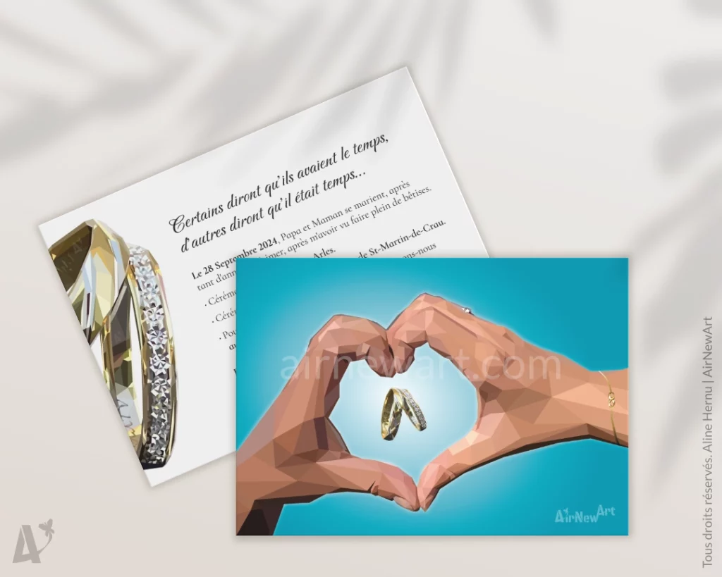 Faire-part de mariage personnalisé (reco et verso), composé d'un portrait personnalisé au recto, et de l'invitation au verso. Œuvre géométrique dans le style du low poly, collection Art Polygonal par Aline Hernu, Studio AirNewArt. Le tableau représente des mains en forme de coeur avec les alliances au centre, sur un fond bleu choisi par les futurs mariés. Arles, 2024.
