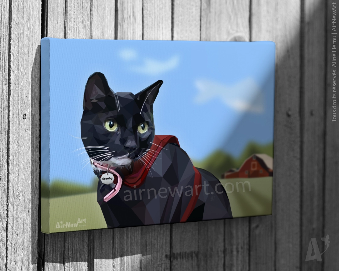 Portrait animalier personnalisé, chat noir aux yeux vert pomme assis dans l'herbe en pleine campagne, devant une ferme rouge typique aux USA. Œuvre exclusive, créée par un humain, en manuel, garanti sans intelligence artificielle. Style low poly, collection Art Polygonal par Aline Hernu, Studio AirNewArt. USA, 2024. Format carré