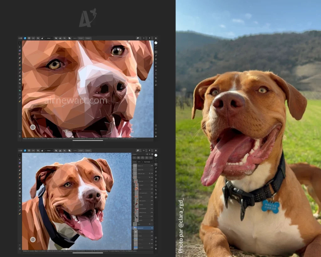 Portrait animalier personnalisé en cours : chien marron clair aux yeux verts, le museau grand ouvert et qui tire la langue. Race du chien : Pitt Bull Terrier. Œuvre exclusive, créée par un humain, en manuel, garanti sans intelligence artificielle. Style low poly, collection Art Polygonal par Aline Hernu, Studio AirNewArt. Andance, 2025.