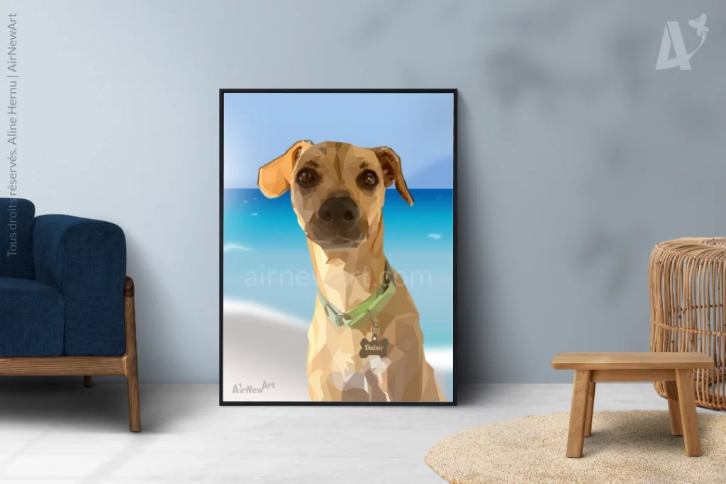Portrait animalier personnalisé, chien (Oatsie) beige aux yeux marrons assis sur la plage, devant une mer turquoise, avec des montagnes au loin. Œuvre géométrique dans le style du low poly, collection Art Polygonal par Aline Hernu, Studio AirNewArt. USA, 2023.