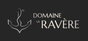 Logo horizontal et métallique sur fond noir conçu pour le Domaine La Ravère, Paul Brunet - artisan vigneron bio, dans le cadre de la création de son identité visuelle. Vignoble en Drôme Ardèche (Auvergne Rhône Alpes). Design par Aline Hernu - Studio AirNewArt. 2025, tous droits réservés.