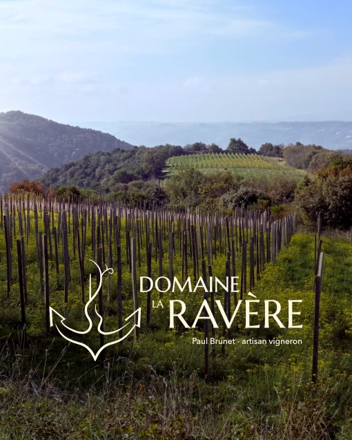 Logo du Domaine La Ravère devant une photo du Domaine. Vignoble situé à Saint-Uze dans la Drôme, et à Saint-Étienne de Valoux en Ardèche (en région Auvergne Rhône Alpes). Identité visuelle conçue pour Paul Brunet - artisan vigneron bio. Design par Aline Hernu - Studio AirNewArt. 2025, tous droits réservés.