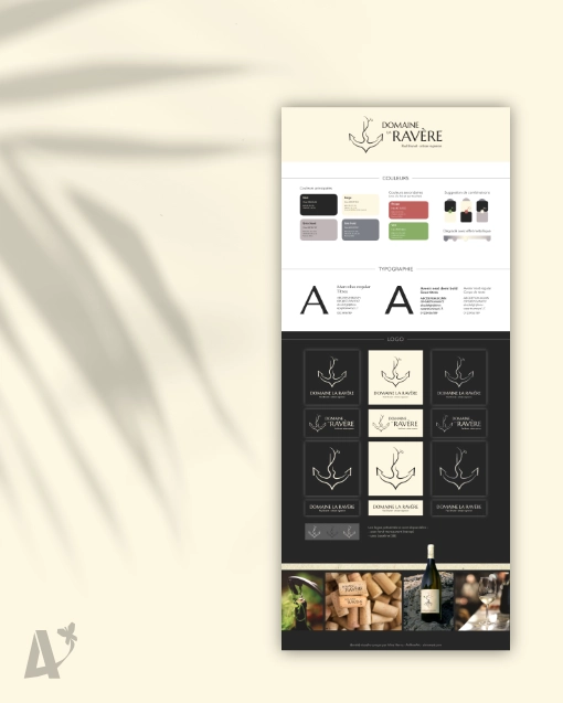 Planche de marque (brandboard) conçu pour le Domaine La Ravère, Paul Brunet - artisan vigneron bio, dans le cadre de la création de son identité visuelle. Logo et ses déclinaisons, palette de couleurs, polices de caractères, photos d'inspiration. Vignoble situé à Saint-Uze dans la Drôme, et à Saint-Étienne de Valoux en Ardèche (en région Auvergne Rhône Alpes). Design par Aline Hernu - Studio AirNewArt. 2025, tous droits réservés.
